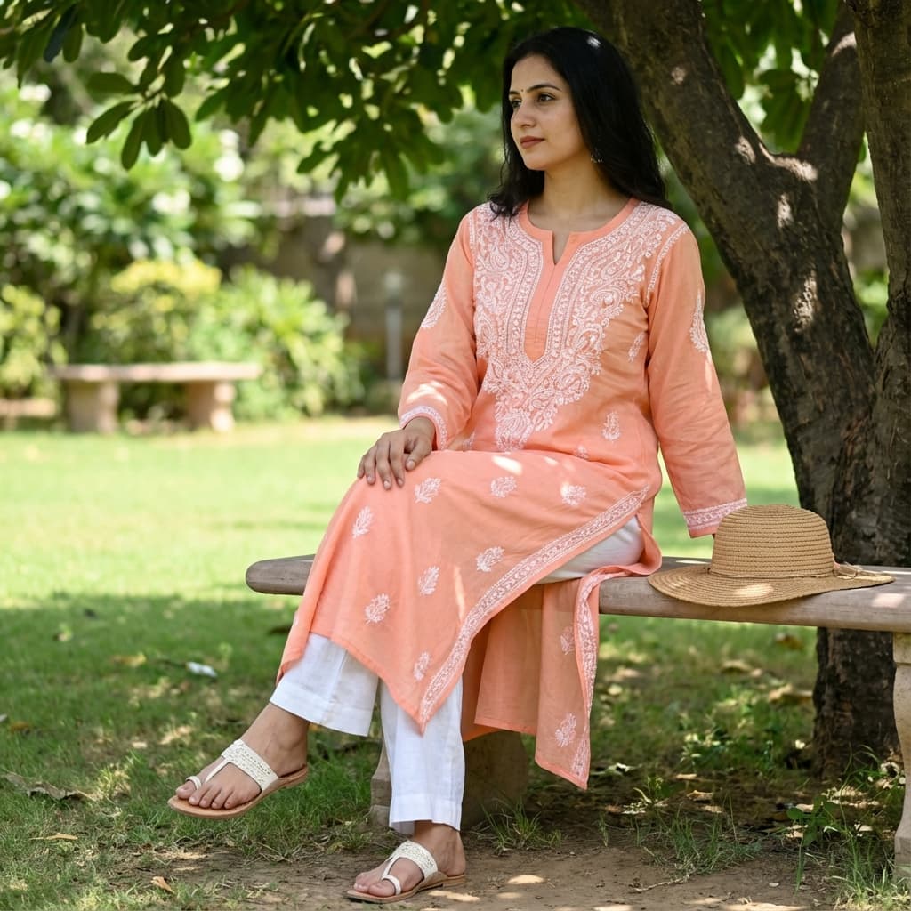 Peach Chikankari Kurta